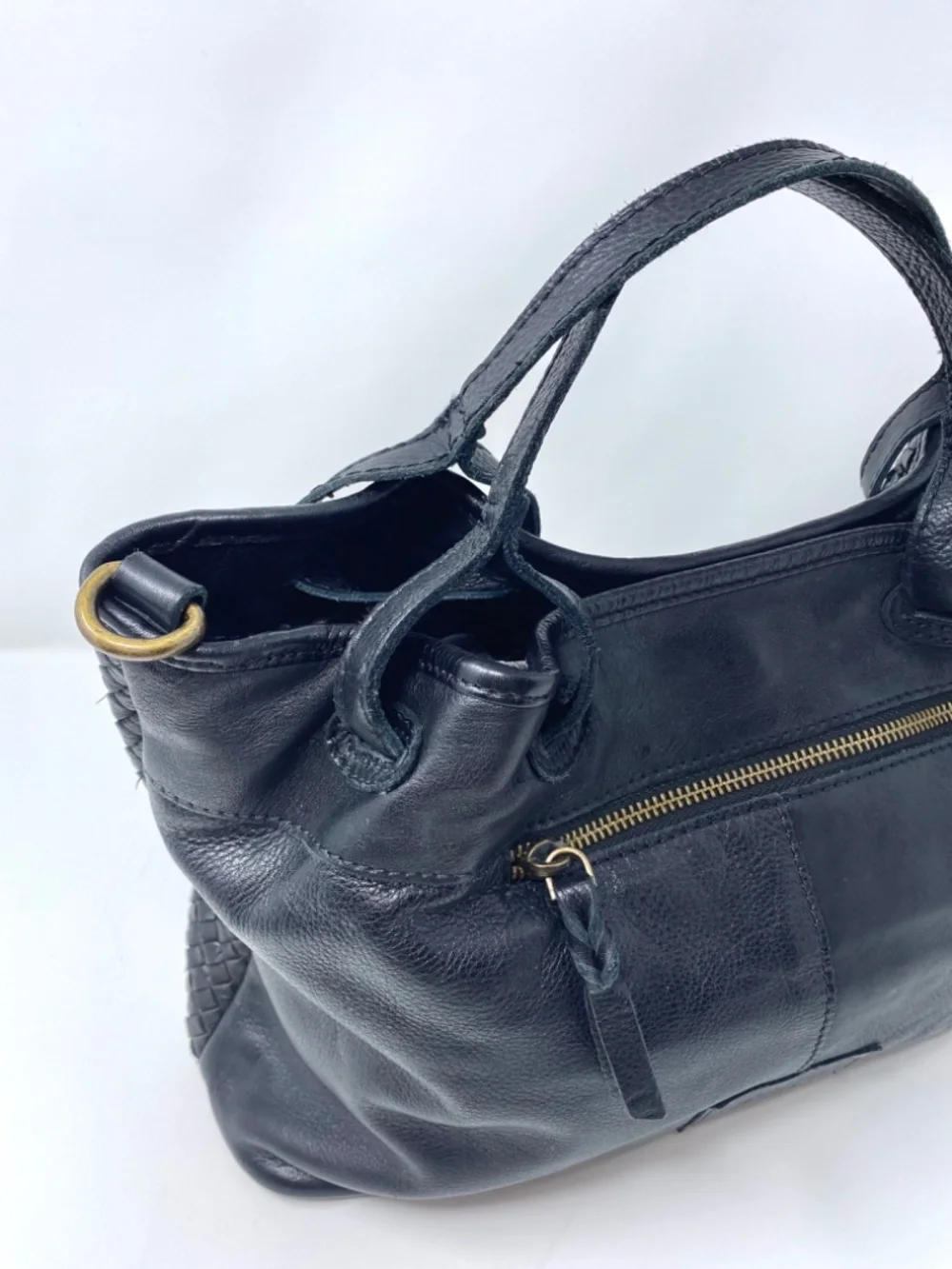 Genuine Leather Ashwood Black Woven Purse Crossbody Tote Bag w Strap